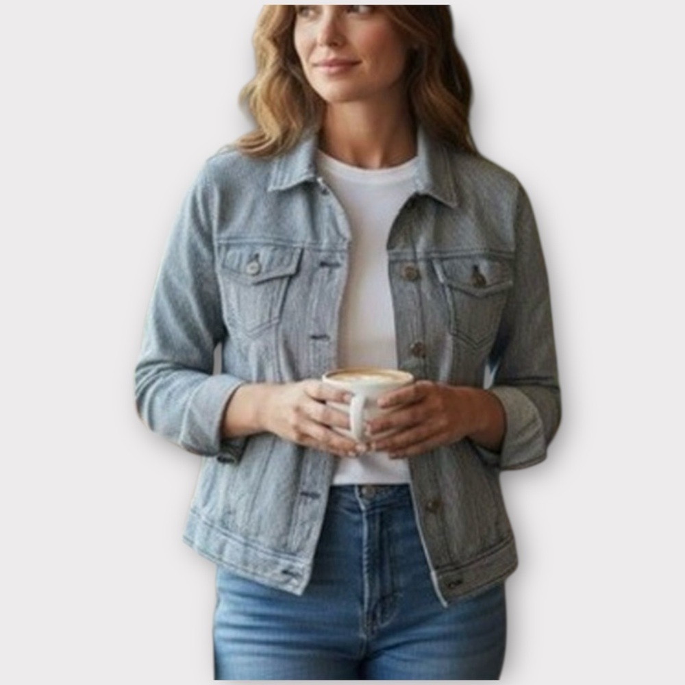 Talbots Petite Jean Jacket Blue White Railroad Thin Pinstripe Denim Collar Large - Picture 1 of 12